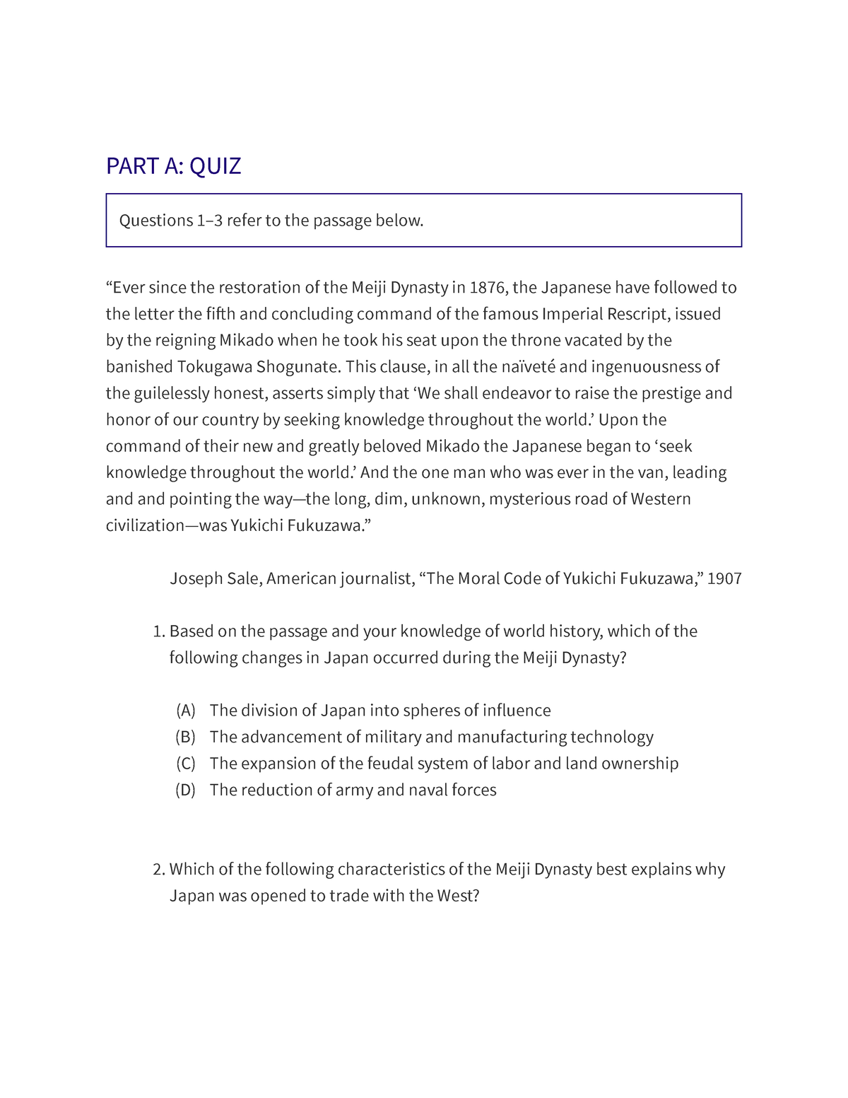 WHAP Unit 5 MCQ 2 - World History - PART A: QUIZ Questions 1–3 refer to ...