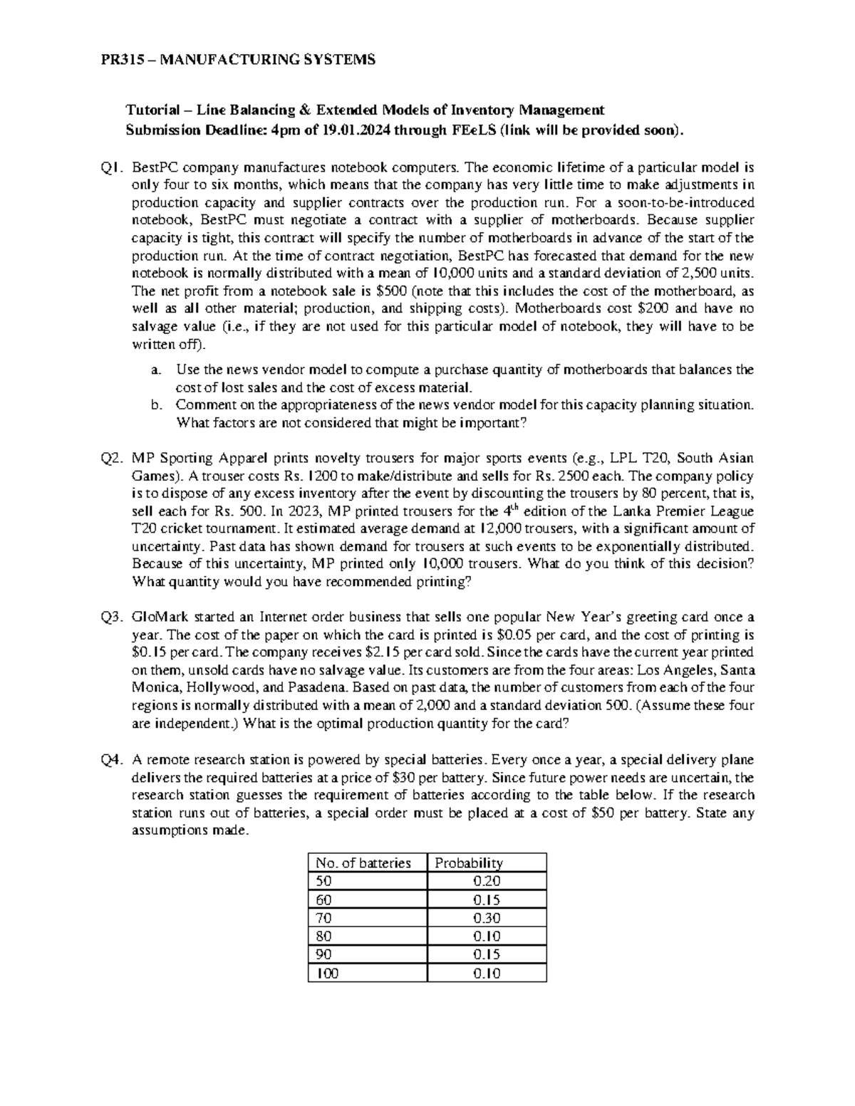 Tutorial Line balancing and IM PR315 MANUFACTURING SYSTEMS