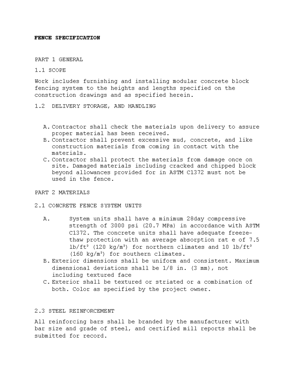 Sample Fence Specification Notes For Engineering FENCE SPECIFICATION PART 1 GENERAL 1 SCOPE