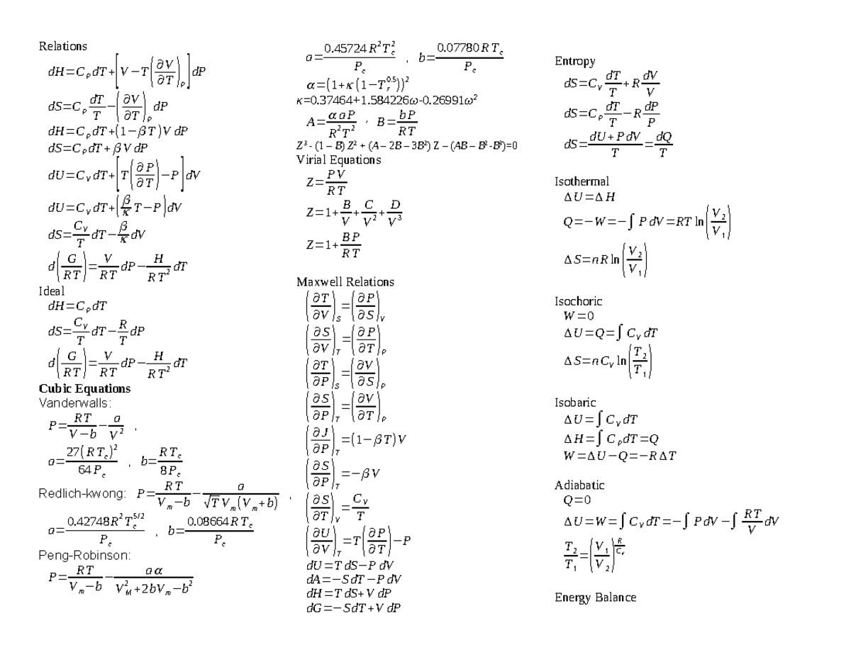 Another Exam 2 study guide - Relations dH=CPdT+[V−T(∂∂VT) P] dP dS=CPdT ...