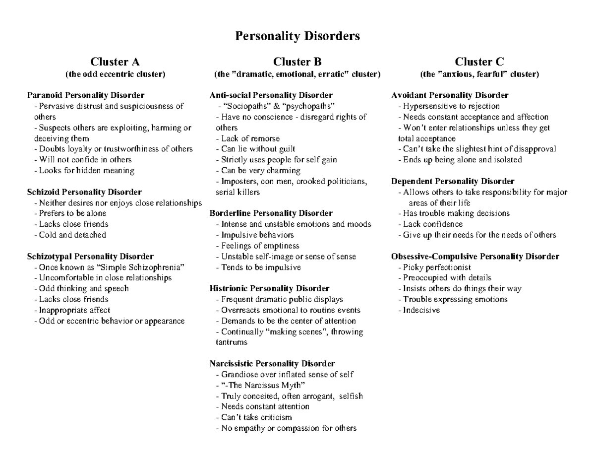 Personality Disorders Handout - Personality Disorders Cluster A (the ...