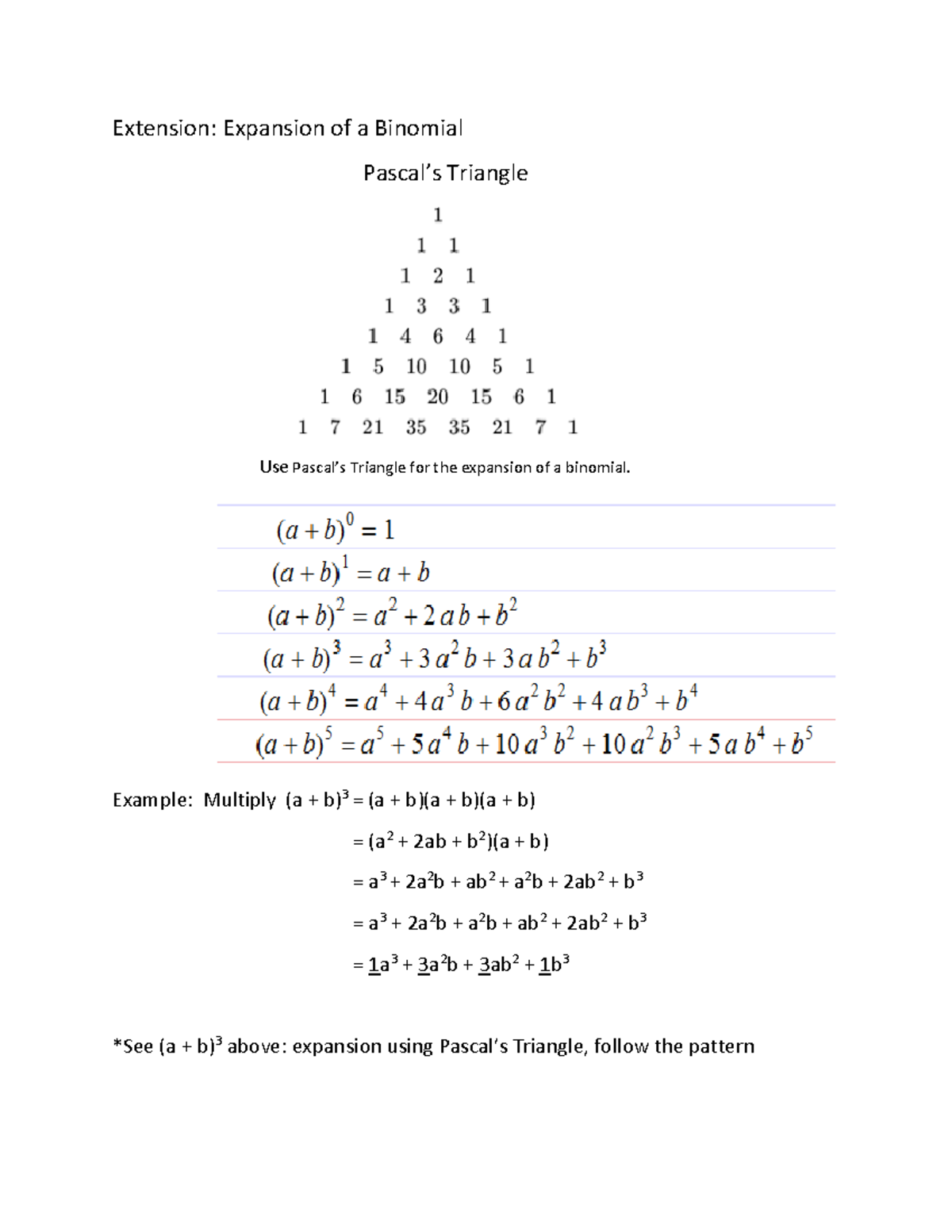 EXT - Math - Extension: Expansion Of A Binomial Pascal’s Triangle Use ...