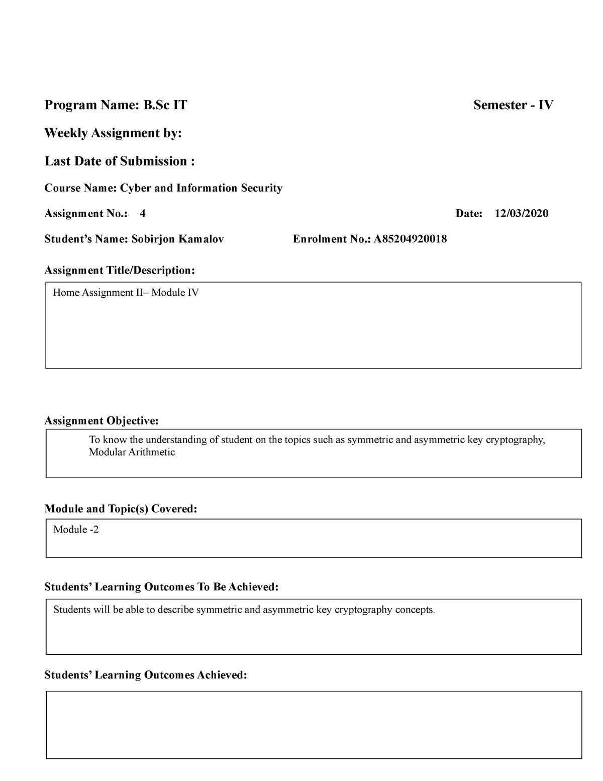 Cyber Security assignment IV - Program Name: B IT Semester - IV Weekly ...