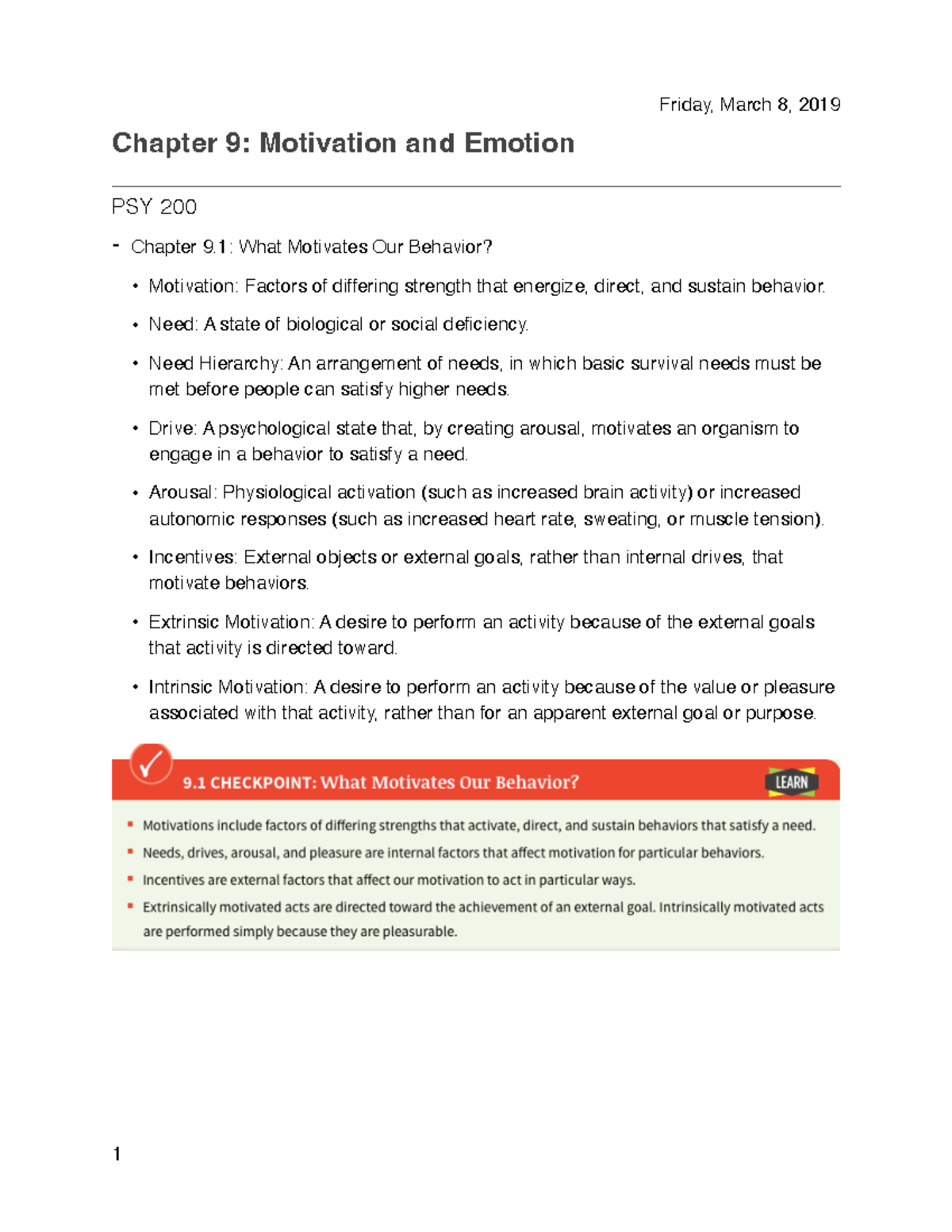 Chapter 9 (Psychology) - Friday, March 8, 2019 Chapter 9: Motivation ...