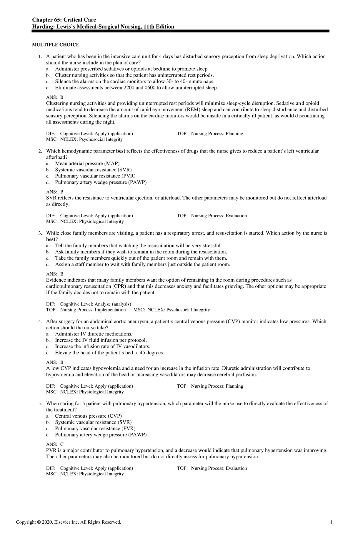 Exam View - CH0065 Harding 11e TB - Chapter 65: Critical Care Harding ...