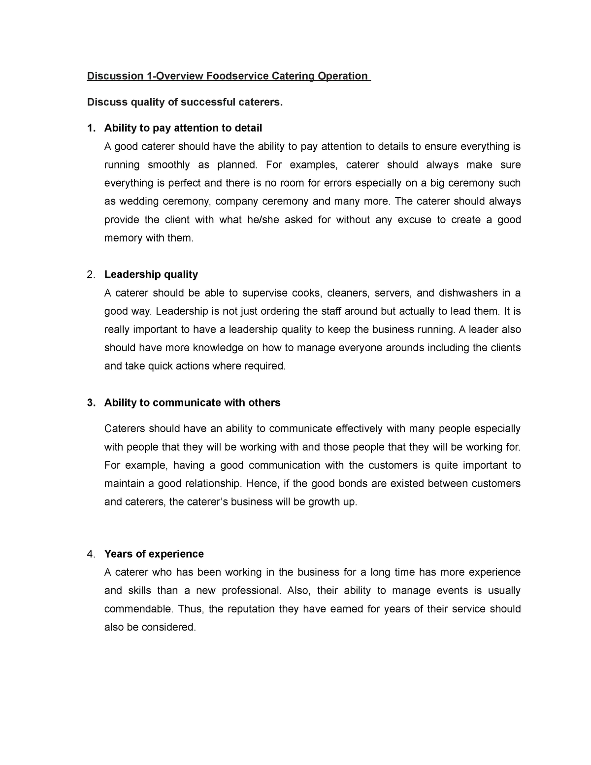 Discussion 1 Discuss Quality Of Successful Caterers Discussion 1 Overview Foodservice Catering Studocu