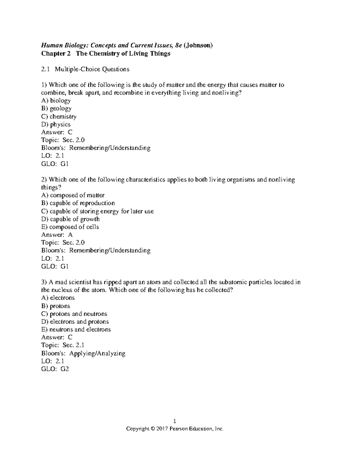 Chapter 2 - 1 Human Biology: Concepts and Current Issues, 8e (Johnson ...