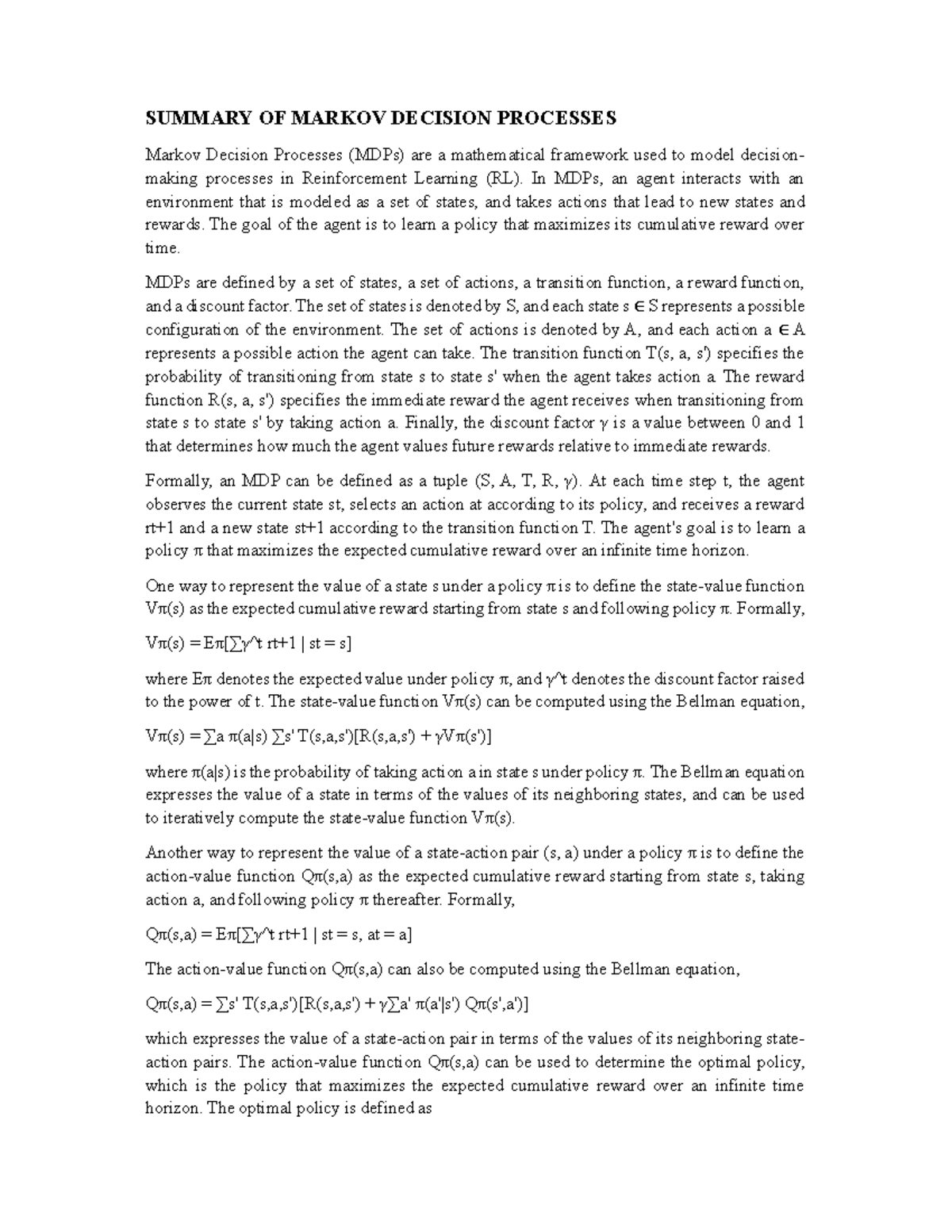 Summary of Markov Decision Processes - SUMMARY OF MARKOV DECISION ...