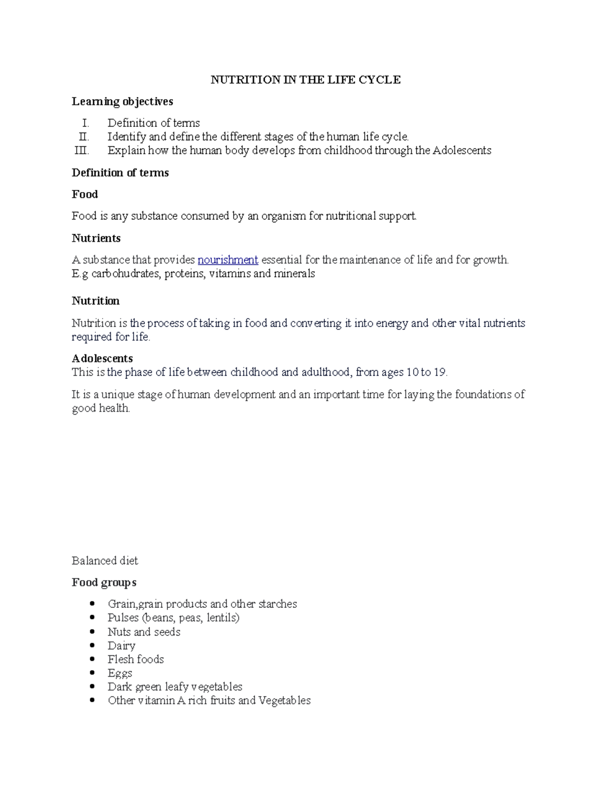 Nutrition IN THE LIFE Cycle NUTRITION IN THE LIFE CYCLE Learning