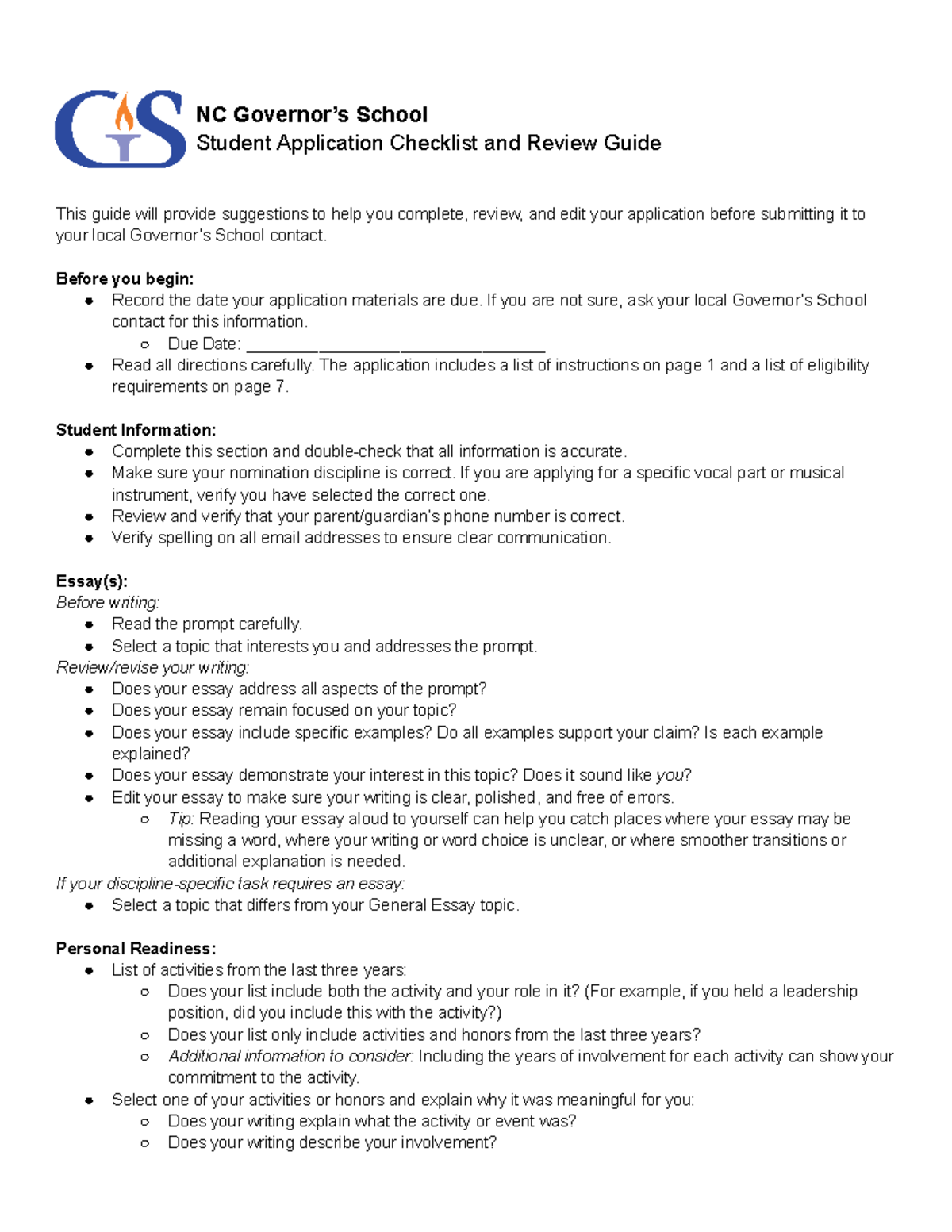 Student Application Review Guide - NC Governor’s School Student ...