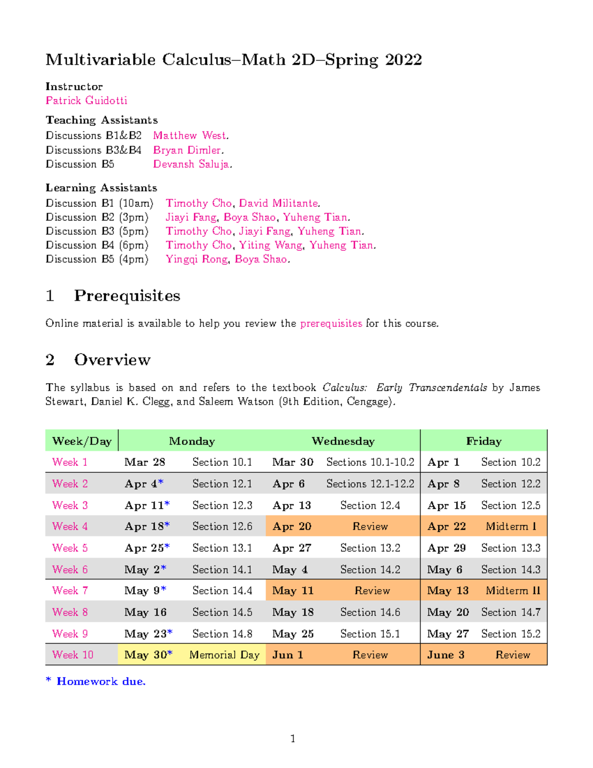 Syllabus - Multivariable Calculus–Math 2D–Spring 2022 Instructor ...