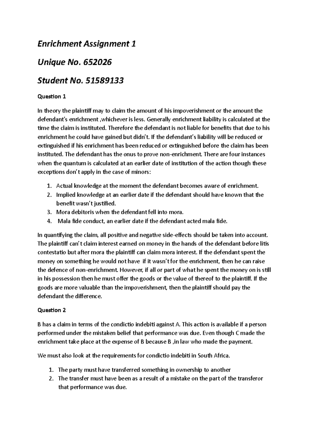 Unjustified Enrichment Assignment 1 Of 2016 Semester - Enrichment ...