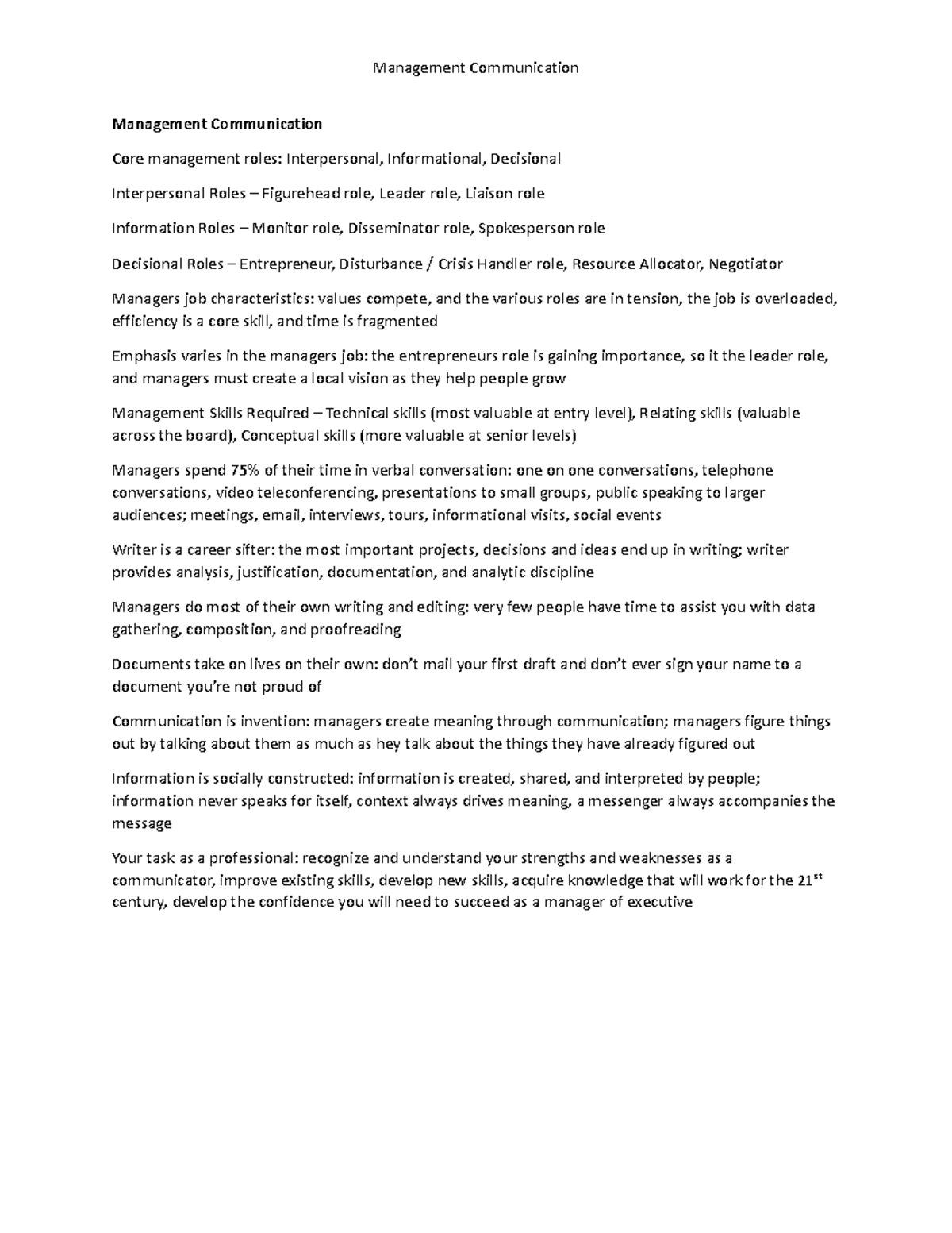 Exam 1 Study Guide - Management Communication Core management roles ...