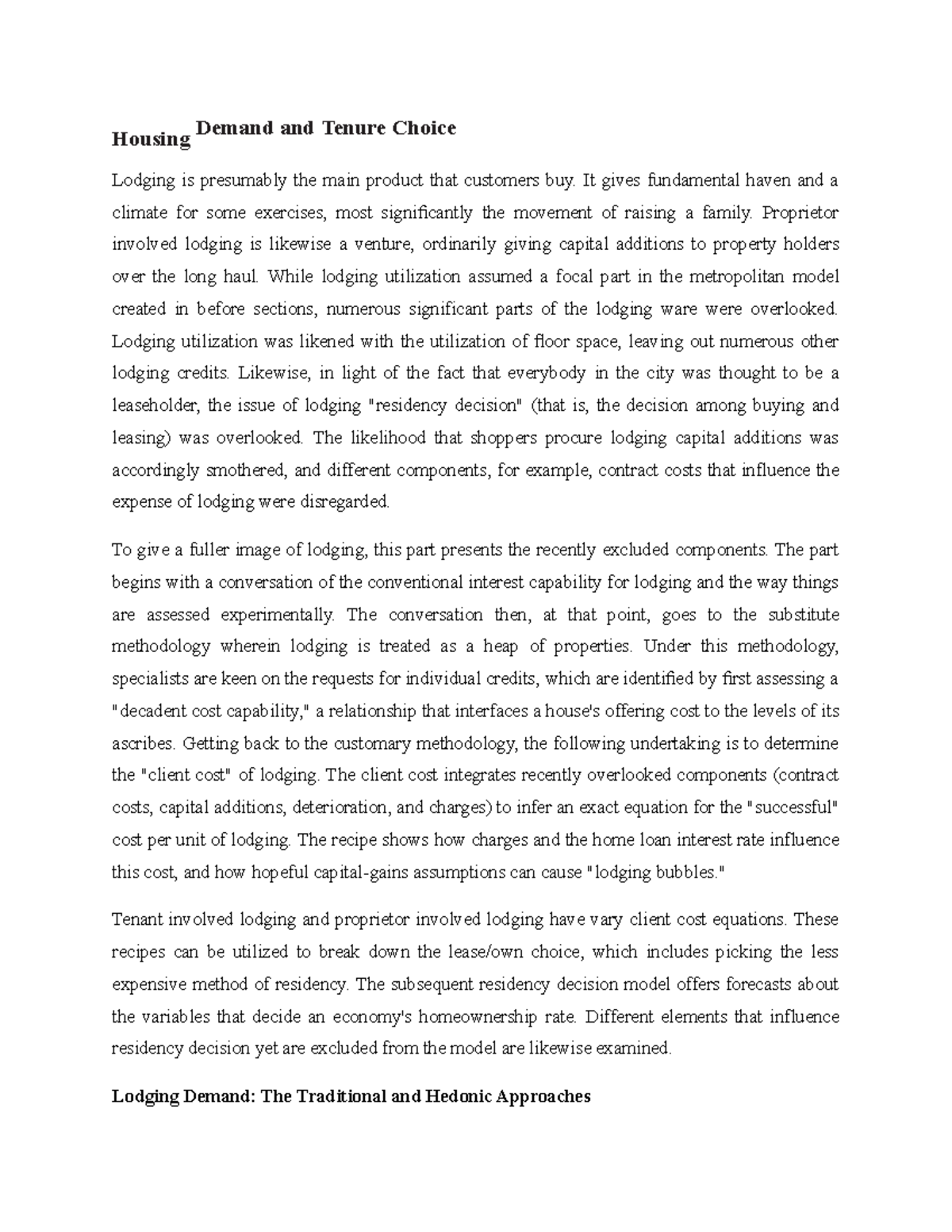 Housing Demand and Tenure Choice Housing Demand and Tenure Choice