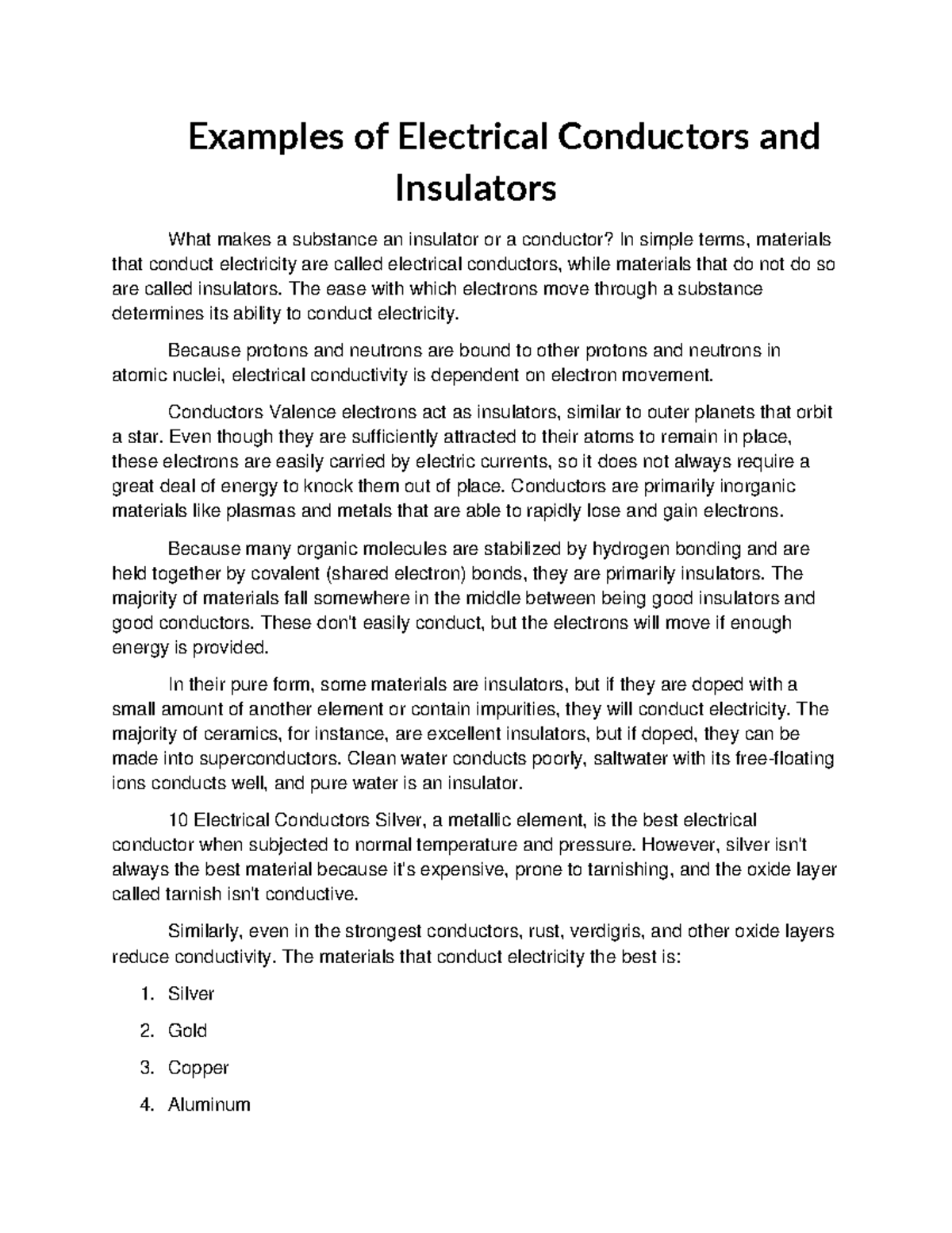 Electrical Conductors and Insulators Module PHY121 Examples of