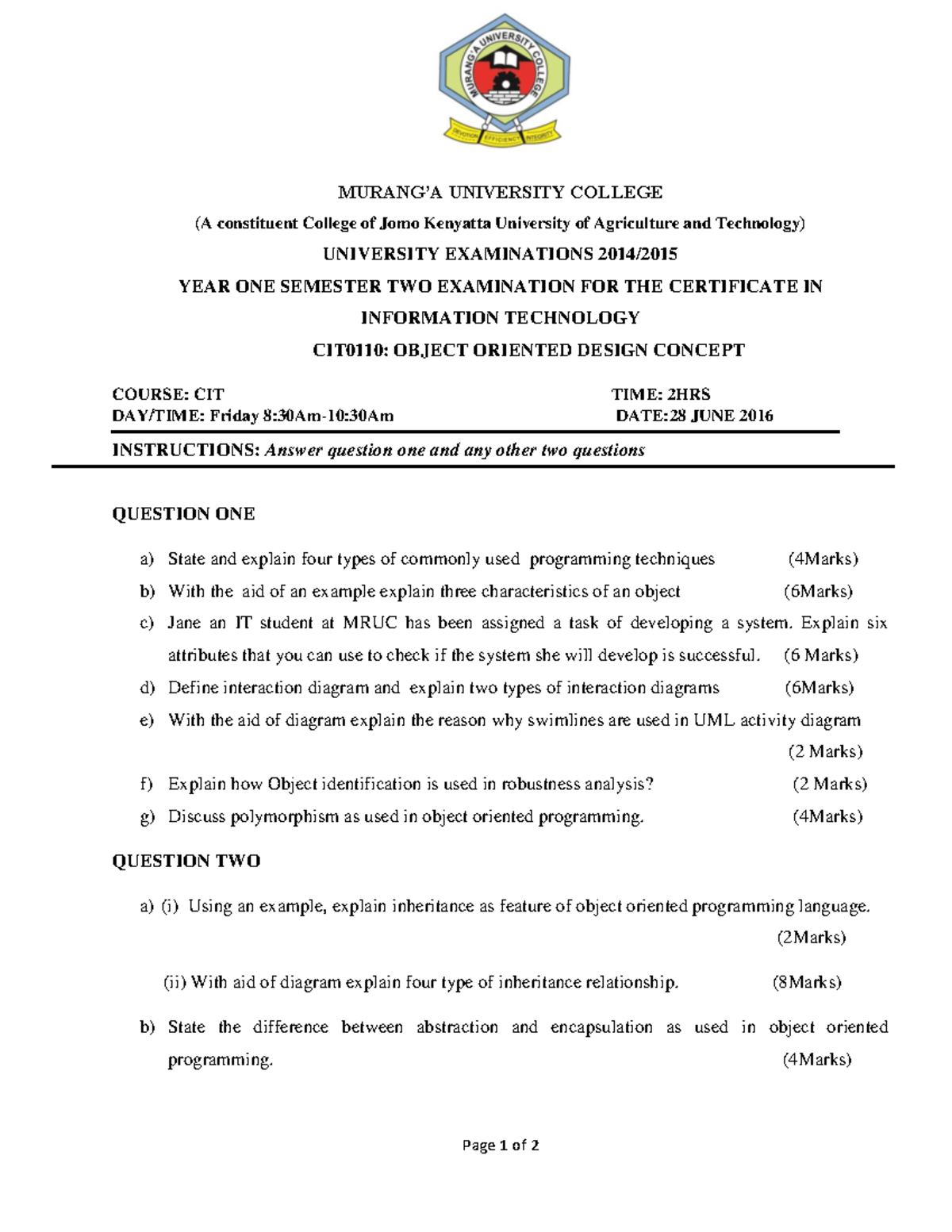 CIT 0110 Object Oriented Design Concept - Page 1 of 2 MURANG’A ...