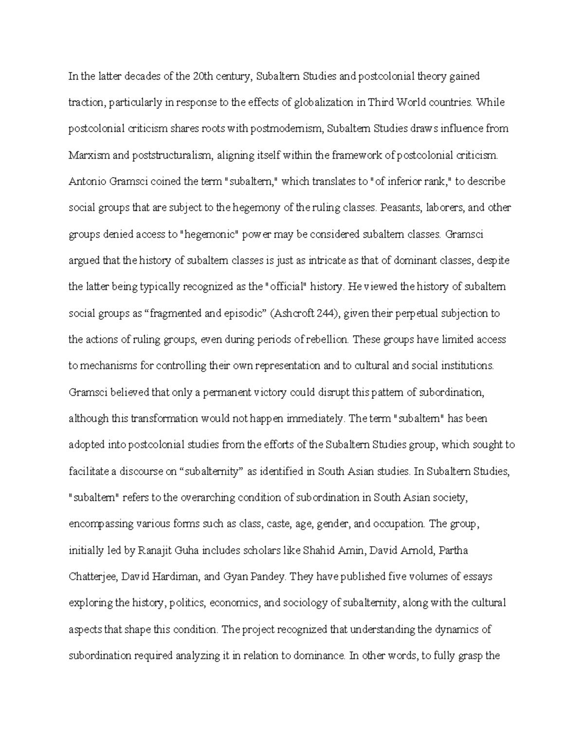 Subaltern studies general overview - In the latter decades of the 20th ...
