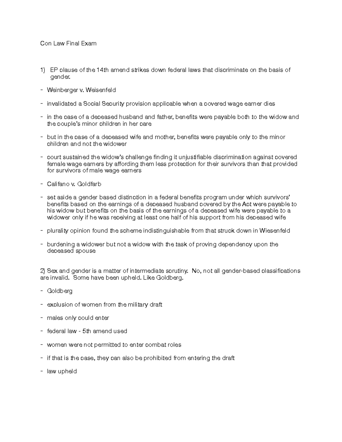 Con Law Final Exam constitutional law II notes and exam questions