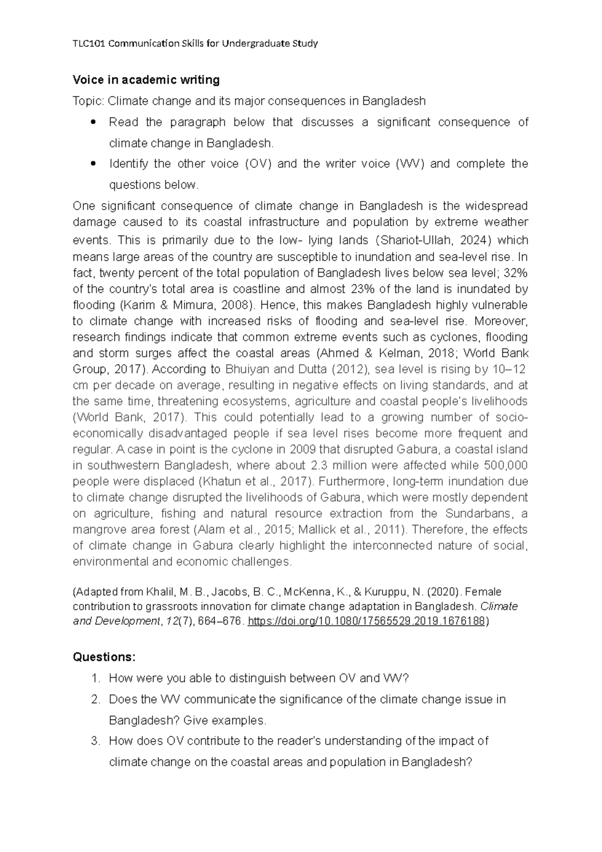 Activity on voice in academic writing - TLC101 Communication Skills for ...