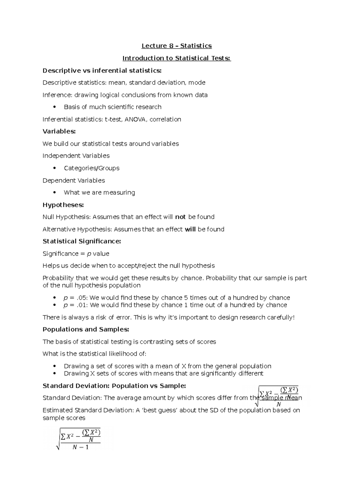 Statistics Lecture 8 - Introduction To Statistical Tests - Lecture 8 ...