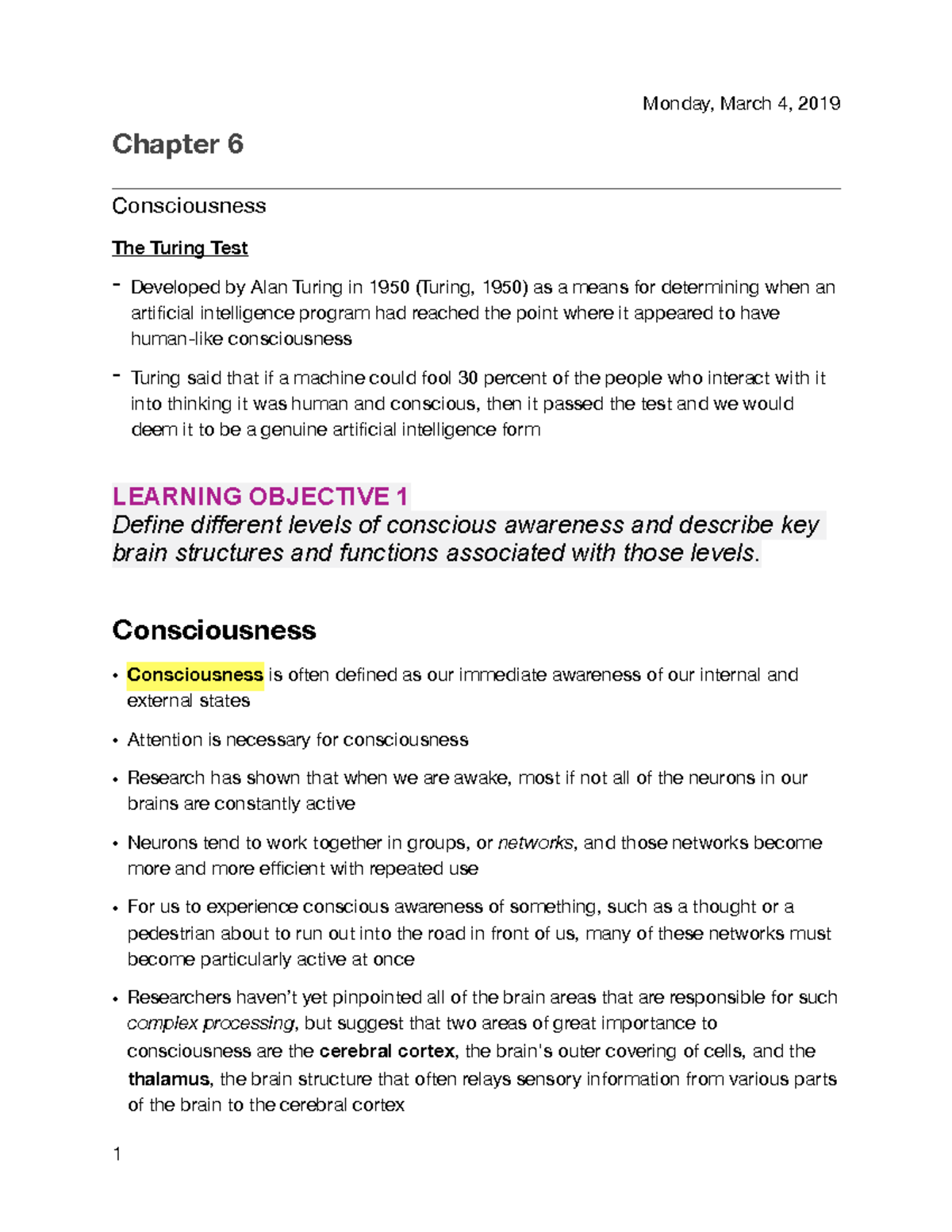Chapter 6 - lesson notes - Chapter 6 Consciousness The Turing Test ...
