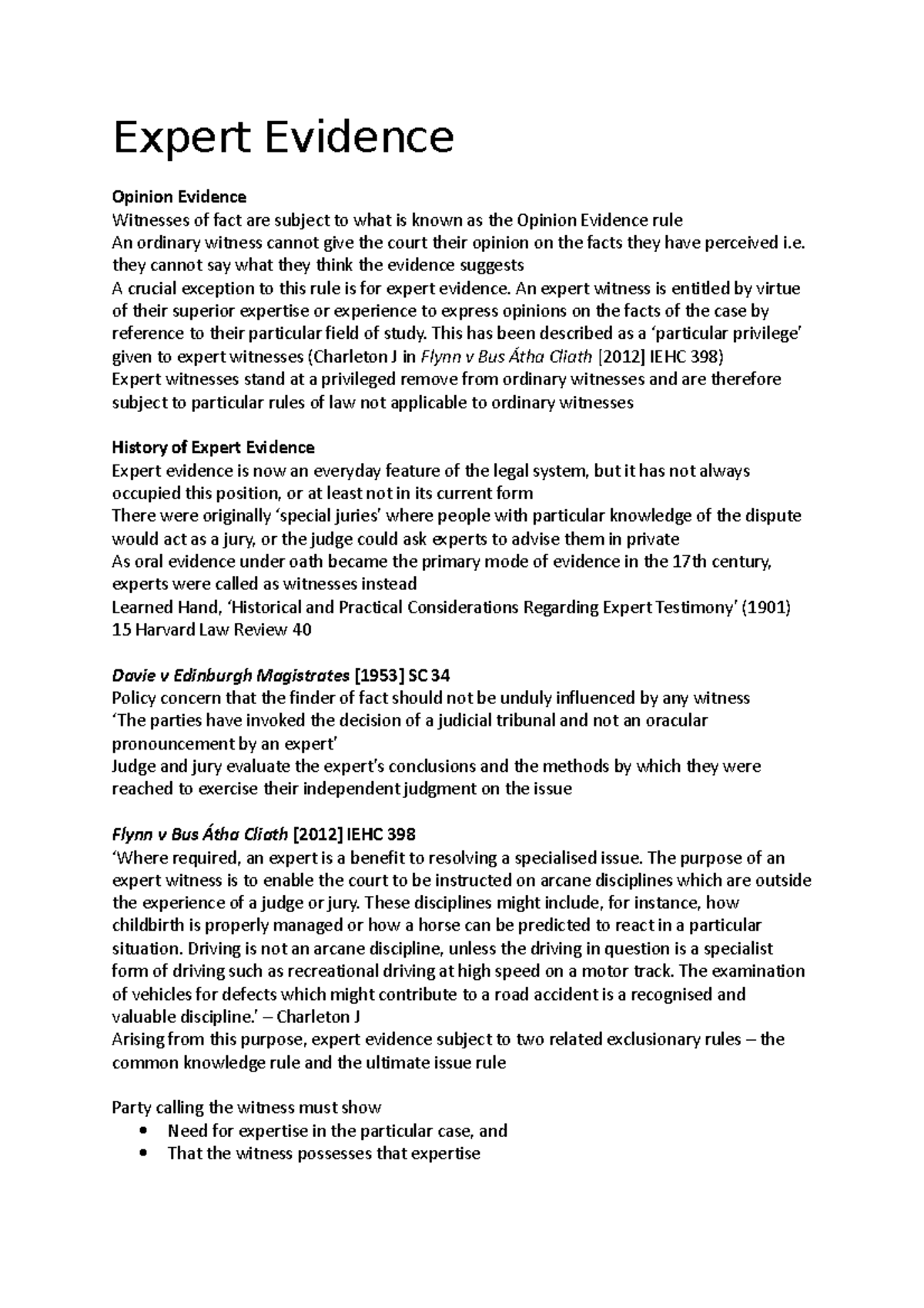 Expert Evidence - Lecture notes - Expert Evidence Opinion Evidence ...