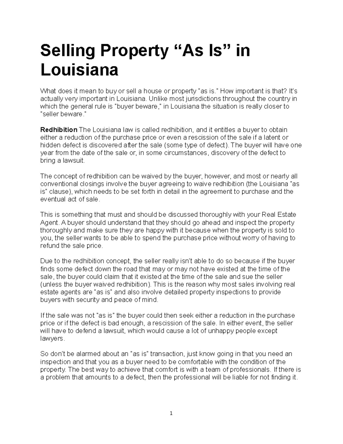 Selling Property As Is in Louisiana Selling Property “As Is” in Louisiana What does it mean to