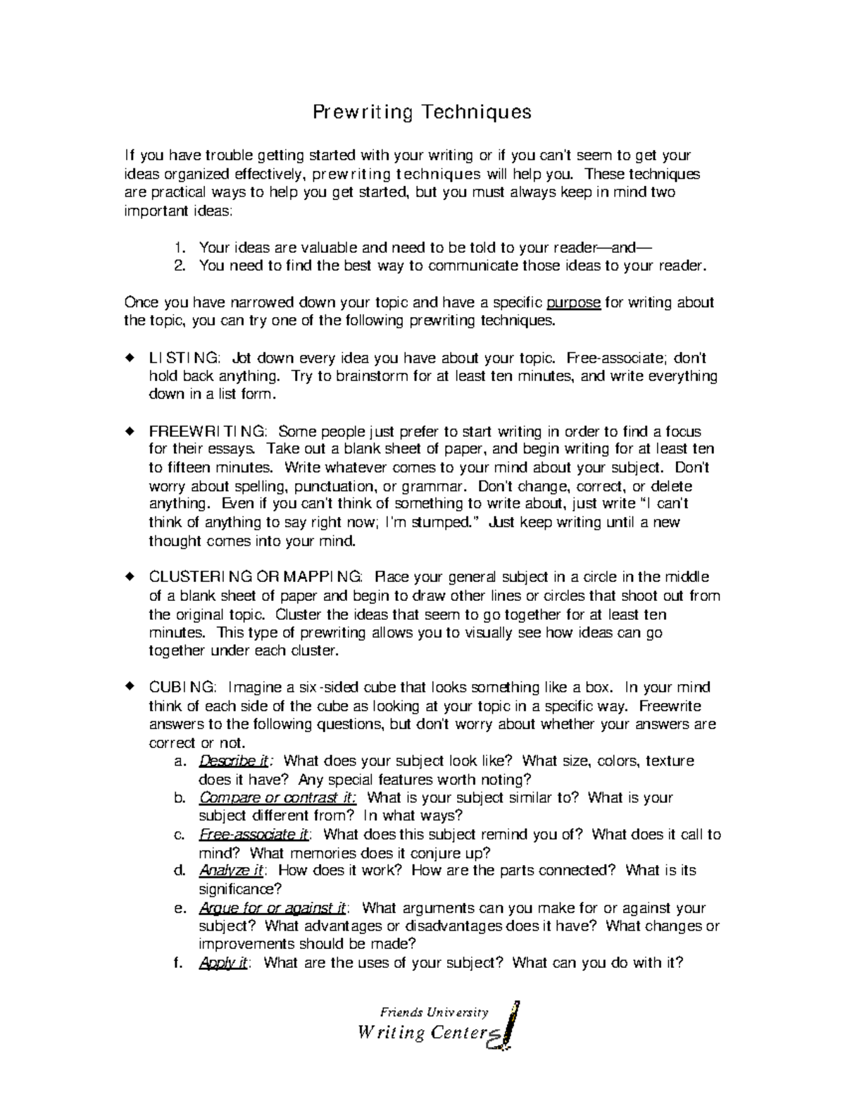 05 Prewriting - Ghh - Friends University Writing Center Prewriting ...