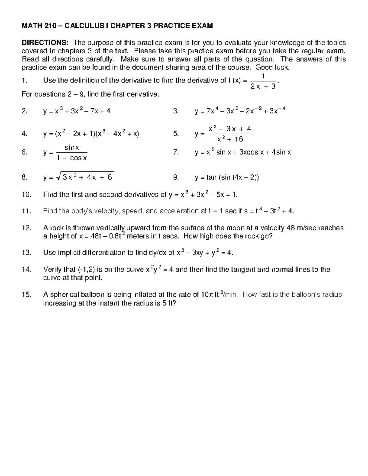 MAT 210 - Calculus I chapter 3 practice exam - MATH 210 – CALCULUS I ...