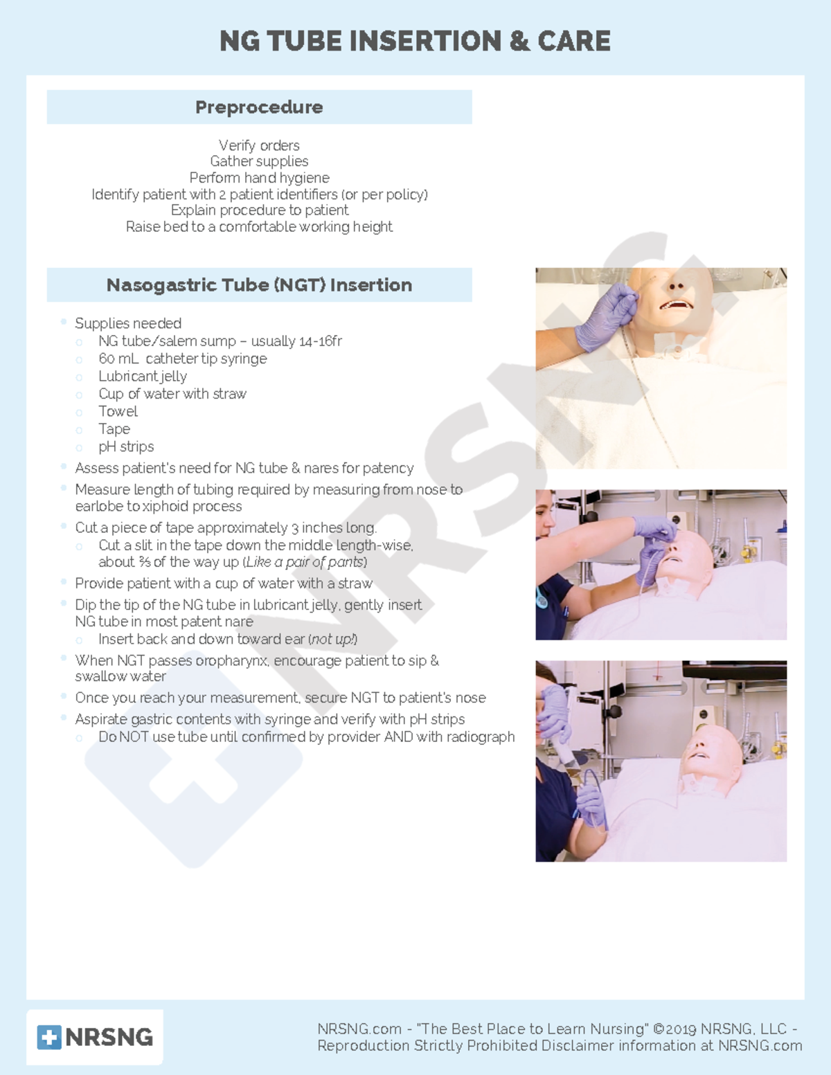 Cs-skill-005-ng tube insertion care - NG TUBE INSERTION & CARE  Preprocedure Nasogastric Tube - Studocu