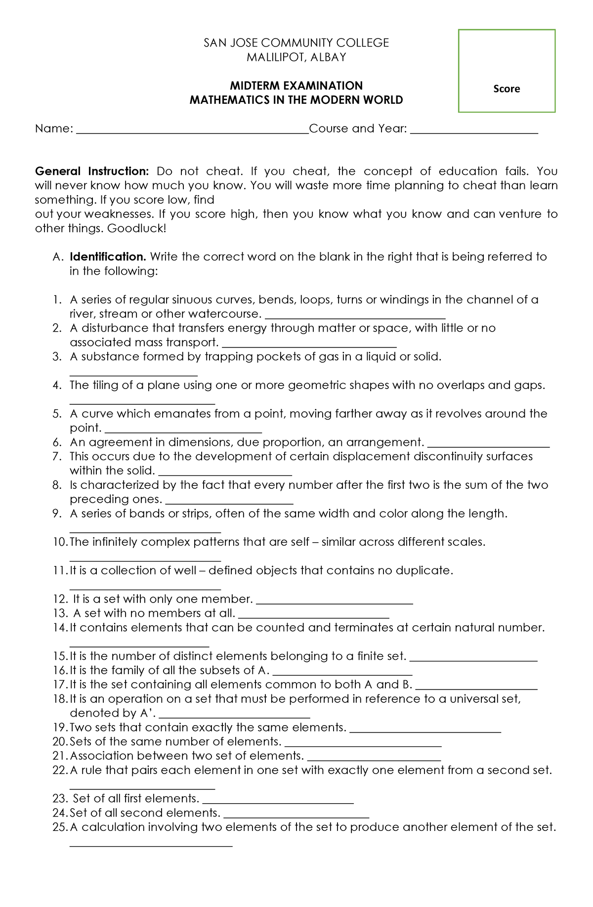 Midterm Exam Math In The Modern World 1 - San Jose Community College 