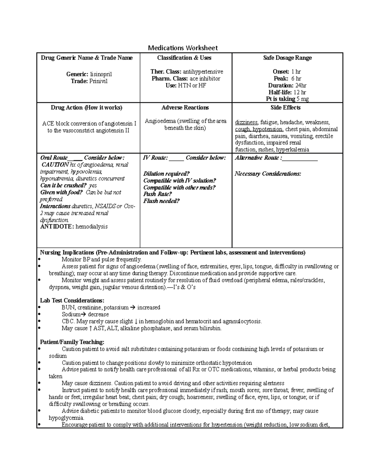 Lisinopril (prinivil) - Medications Worksheet Drug Generic Name & Trade 