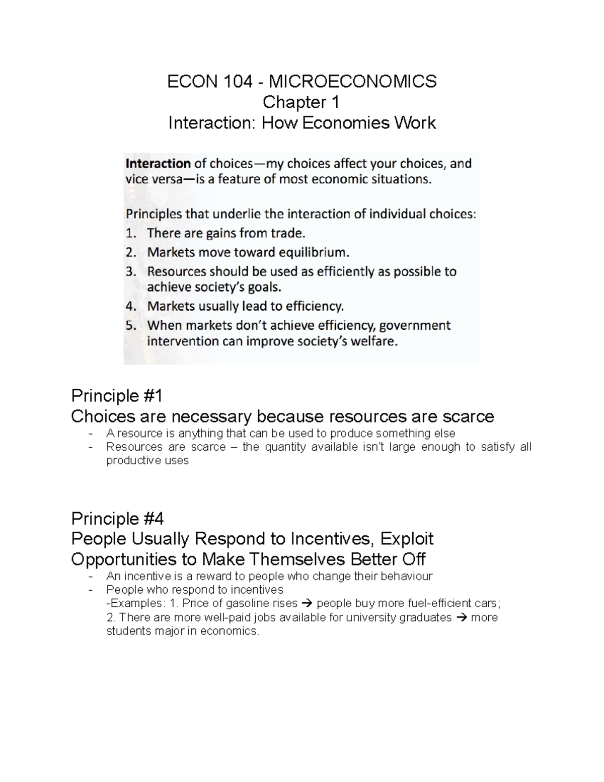 ECON 104 Notes - ECON 104 - MICROECONOMICS Chapter 1 Interaction: How ...