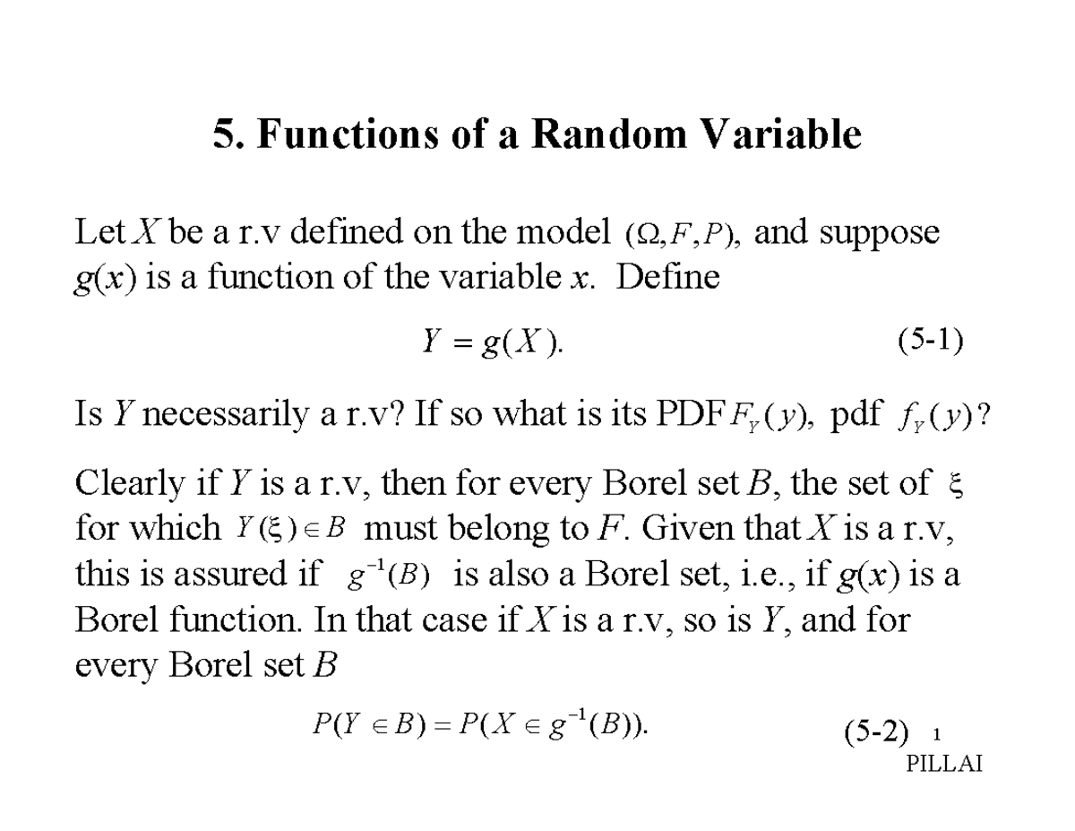 Lect5a - Lecture notes 5 - 1 ####### 5. Functions of a Random Variable ...