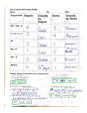 Unit 1 Polynomial Study Guide Part 2 ANSWER KEY - ####### No yes yes NO ...