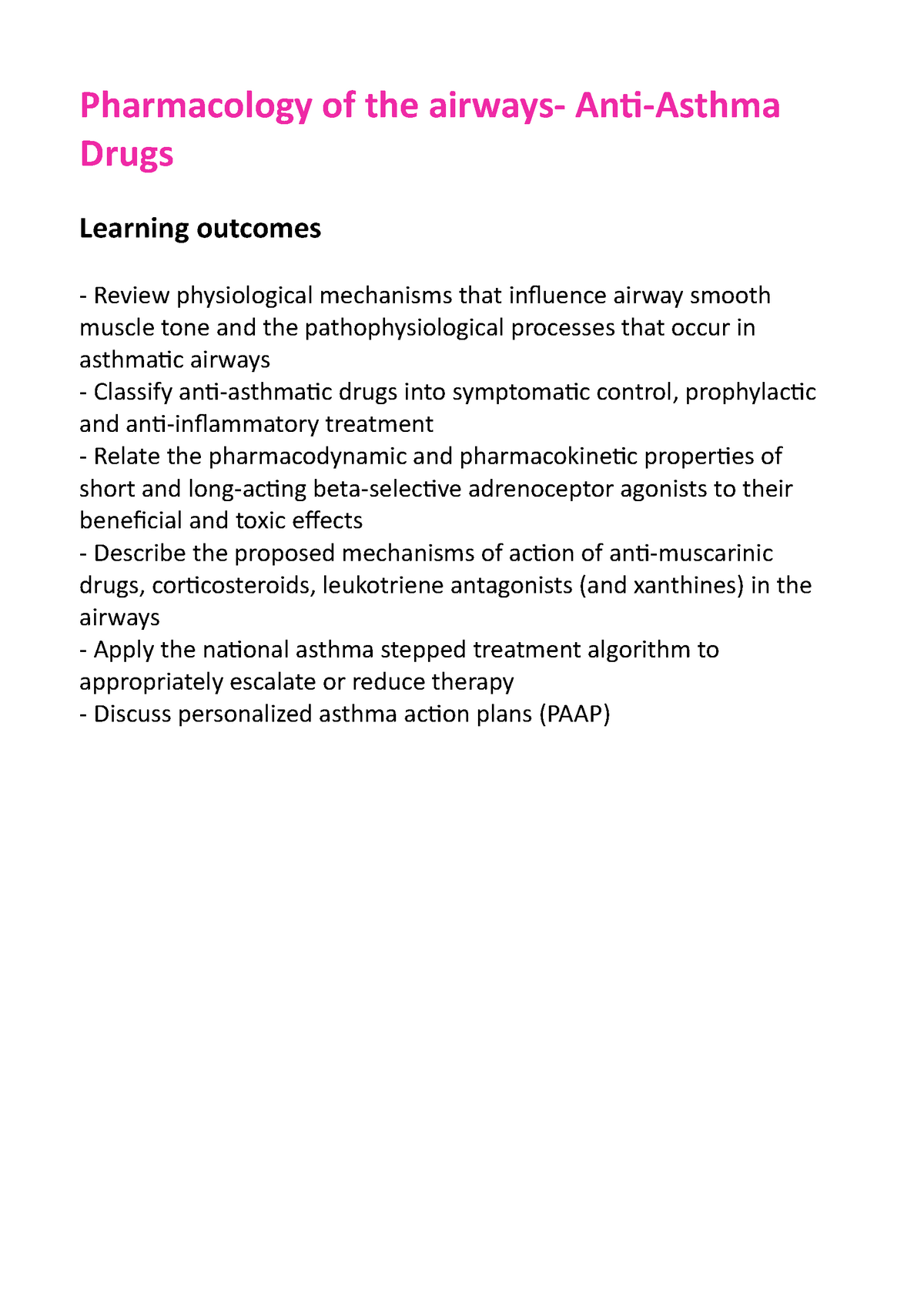 Pharmacology of the airways - Asthma Characterised by airway ...