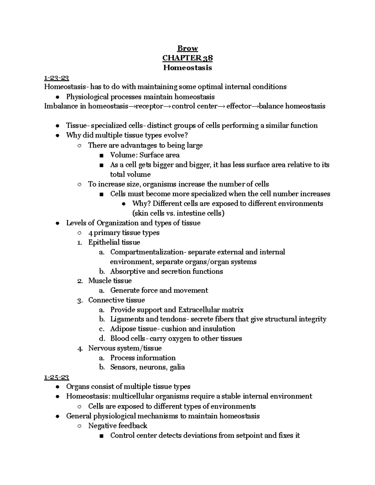 BISC 162 Ch 38 notes - Brow CHAPTER 38 Homeostasis 1-23- Homeostasis ...