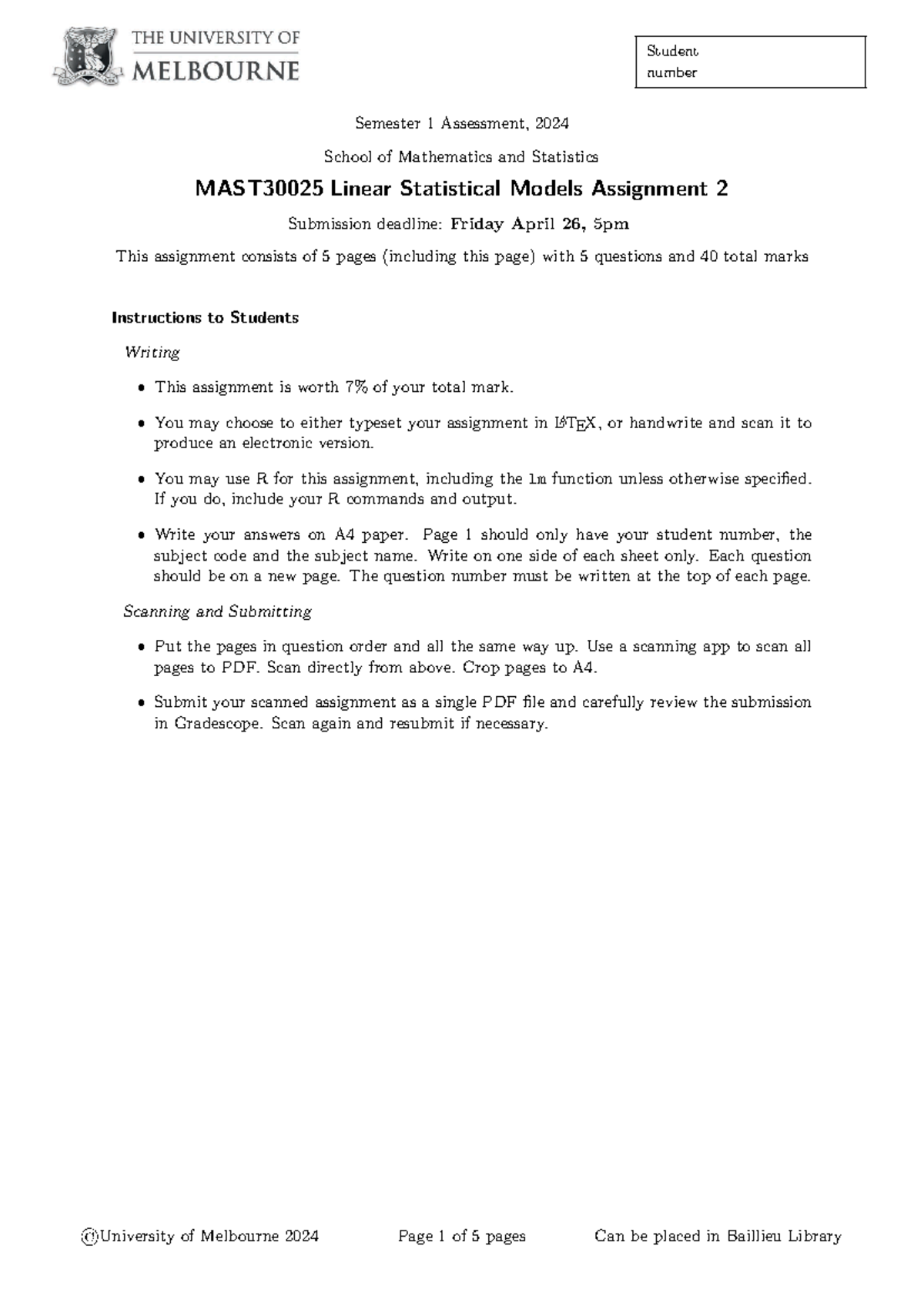 Assign 2 2024 - Student number Semester 1 Assessment, 2024 School of ...