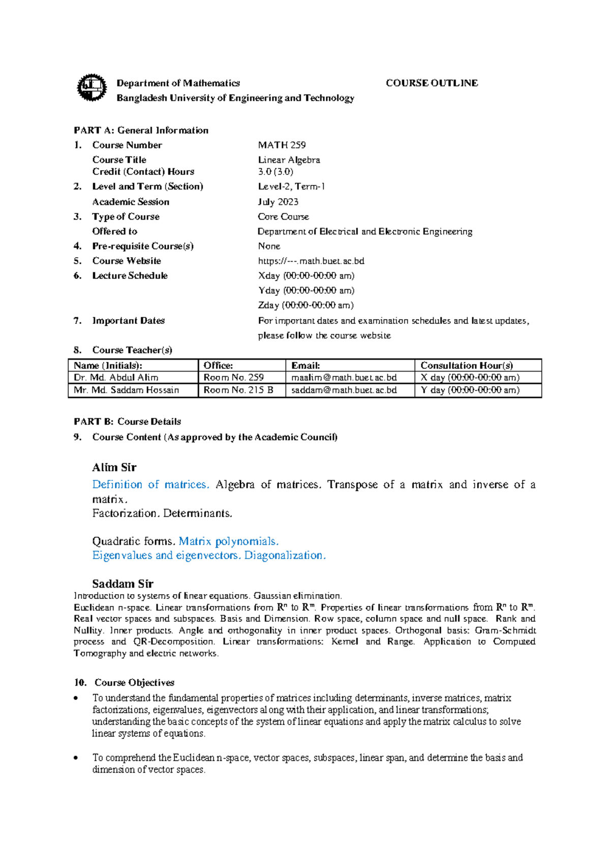 MATH259Course Outline - Department of Mathematics Bangladesh University ...