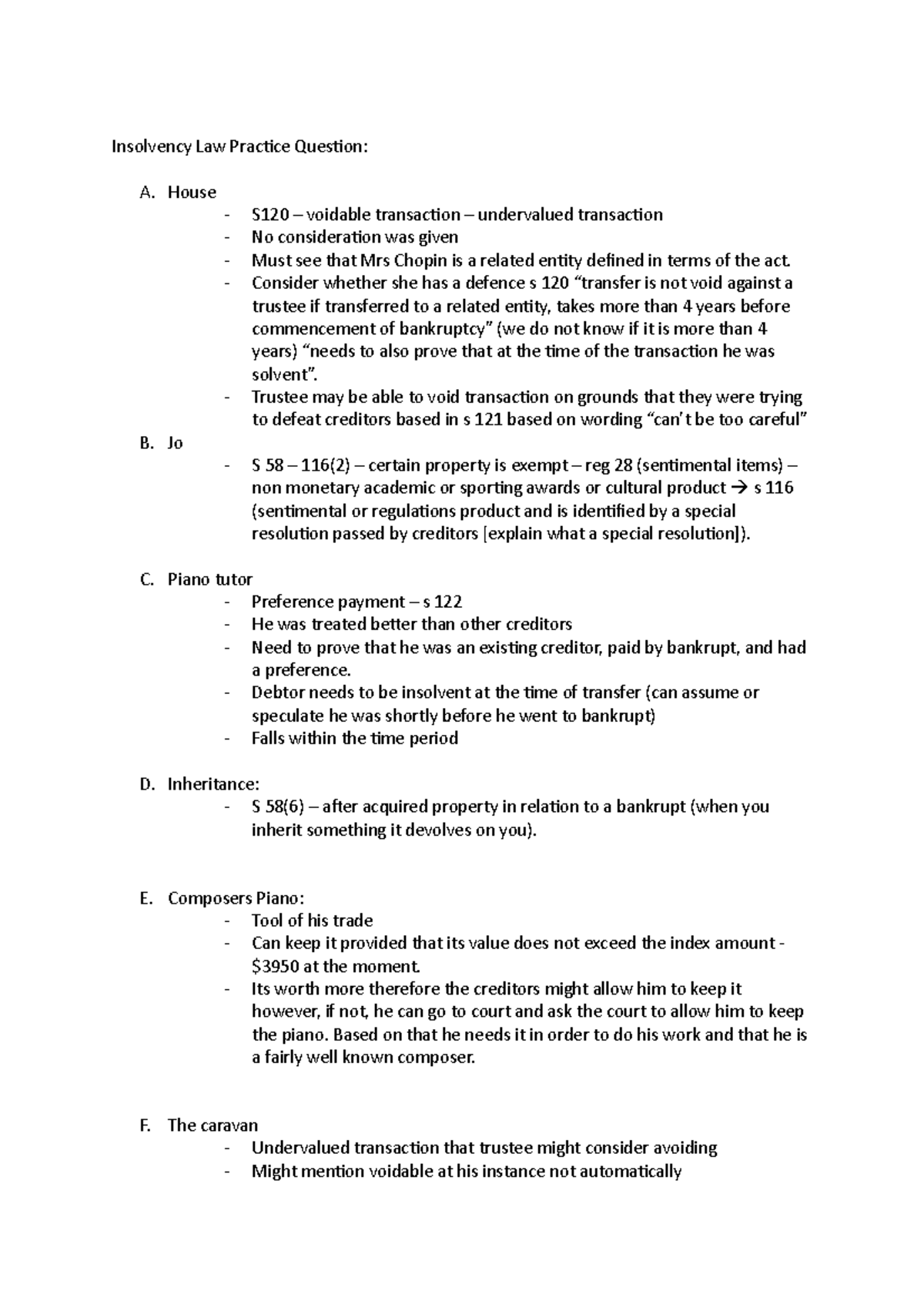 Insolvency Law Practice Question - House - S120 – voidable transaction ...