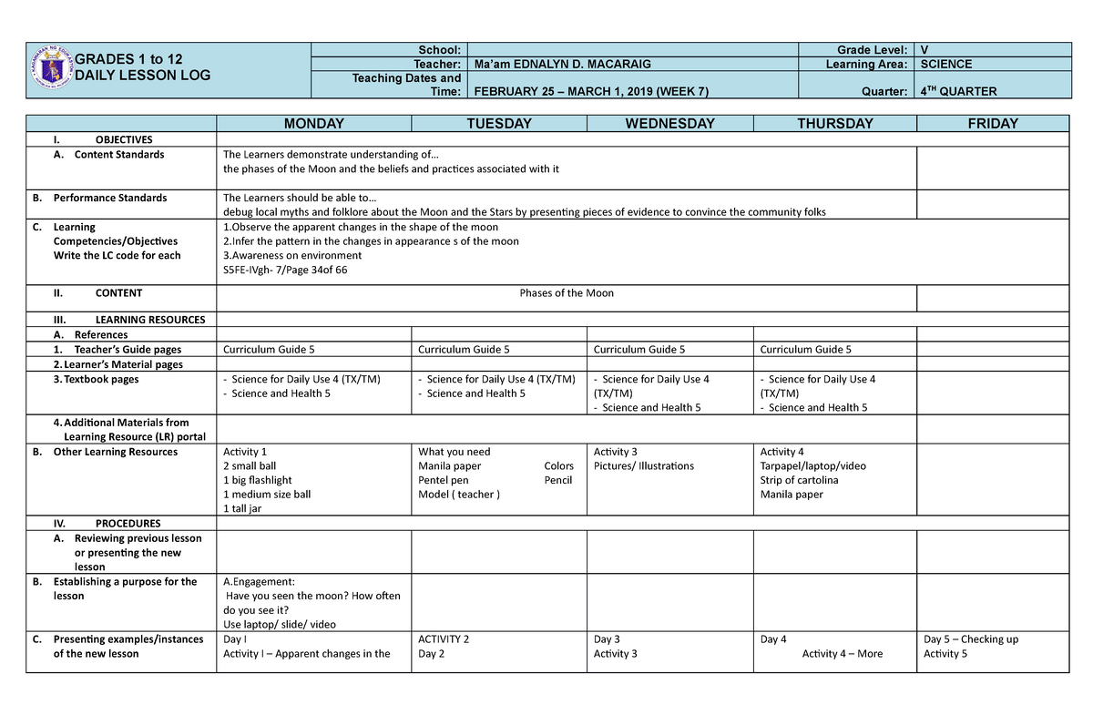 Science-5 Q4 W7-DLL - YES - GRADES 1 to 12 DAILY LESSON LOG School ...