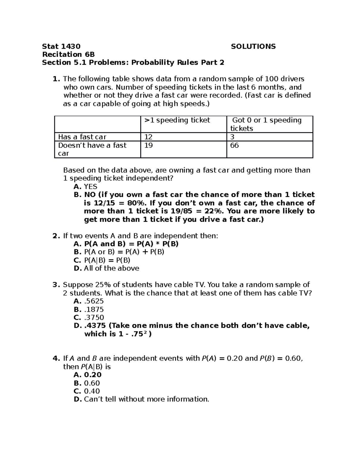 Rec 6B Probability Rules Part 2 Solns - Stat 1430 SOLUTIONS Recitation ...