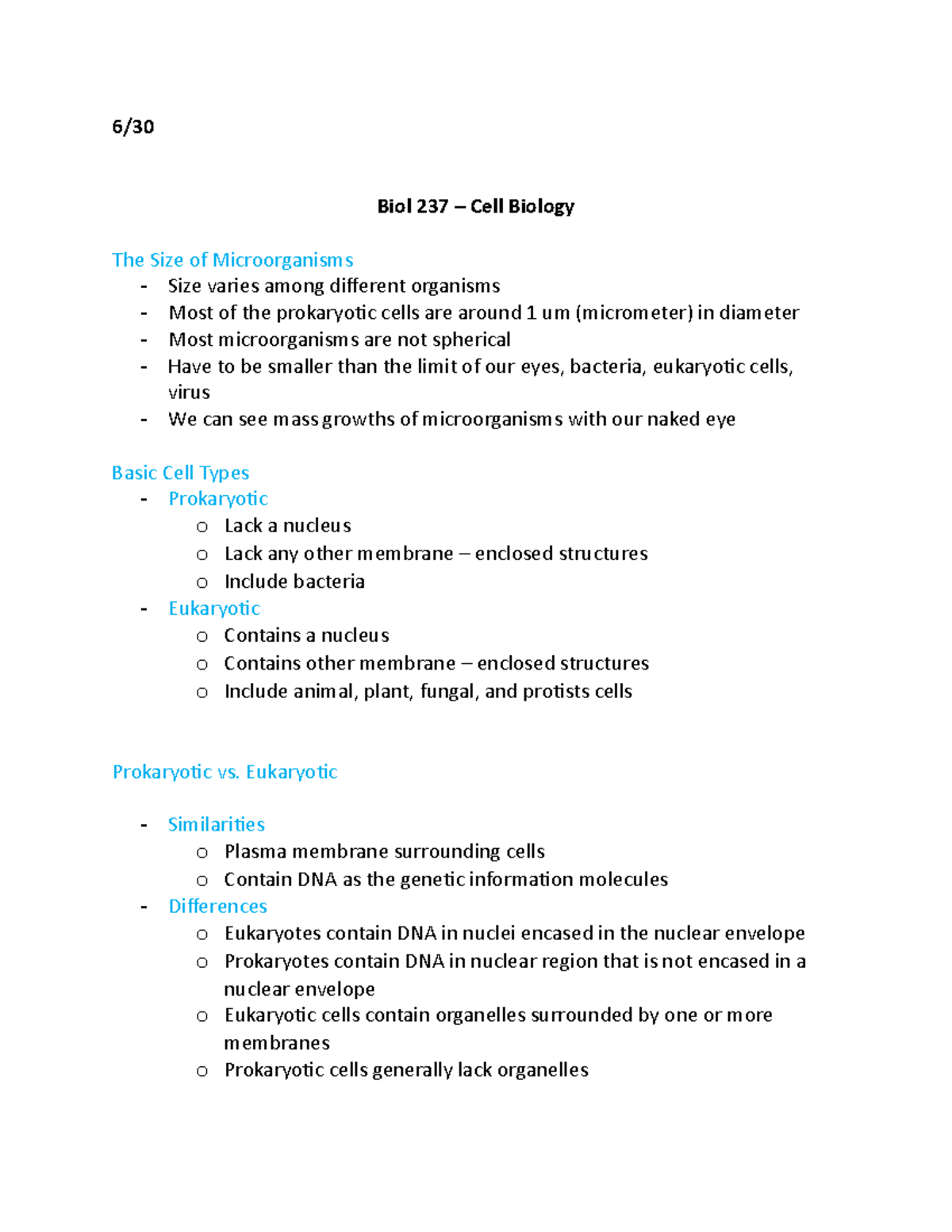 Biol 237 Lec Lecture 3 Notes 6 Biol 237 Cell Biology The Size Of Microorganisms Size 8837