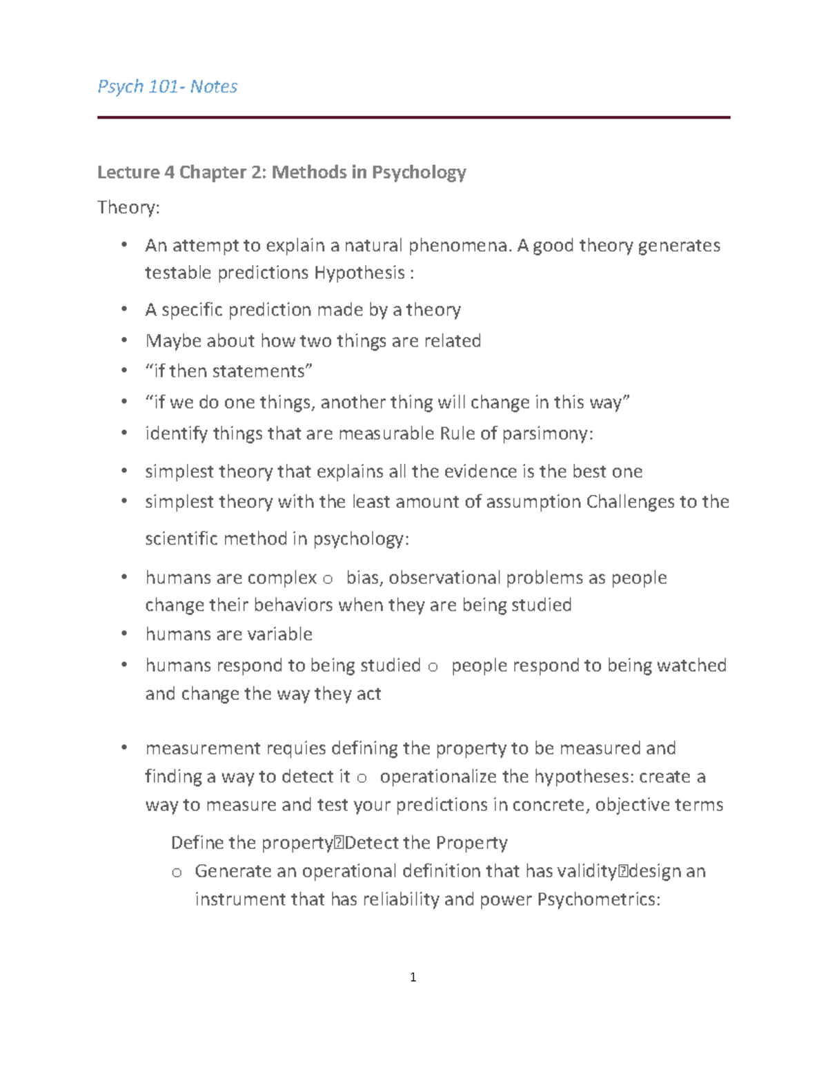 Psych 101 Notes.docx - Psych 101- Notes Lecture 4 Chapter 2: Methods in ...