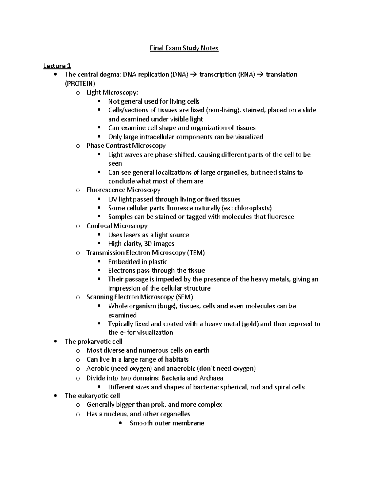 Cell Bio Final Exam Lecture Study Notes - Final Exam Study Notes ...
