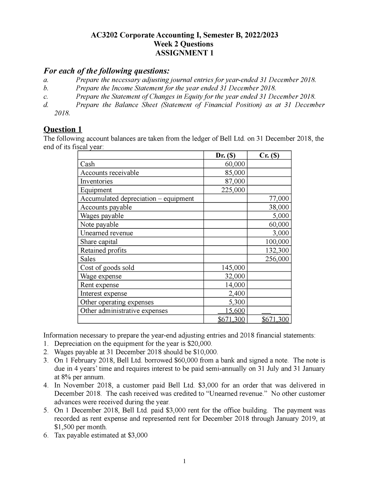 Lecture 2 Example Questions Assignment 1 - AC3202 Corporate Accounting ...