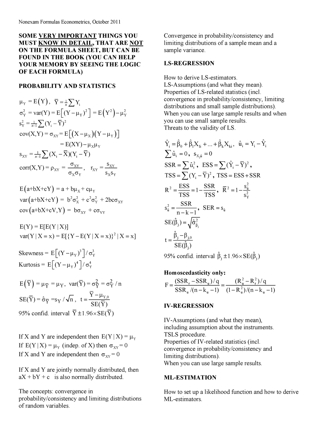 Important Formulas Part 2 Applied Econometrics Uva Studocu
