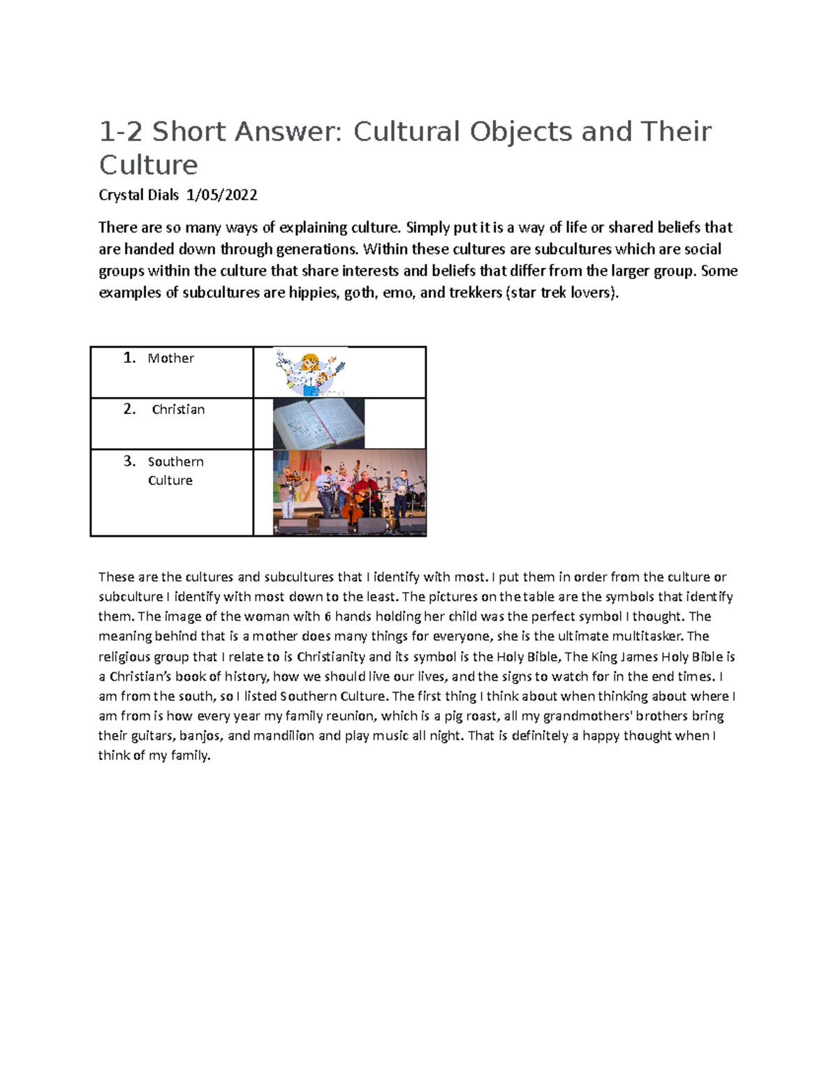 Cultures And Subcultures - 1-2 Short Answer: Cultural Objects And Their ...