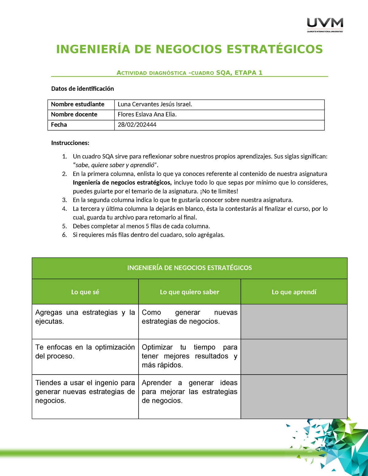 Cuadro Sqa Actividad 1 IngenierÍa De Negocios EstratÉgicos Actividad DiagnÓstica Cuadro Sqa 9384