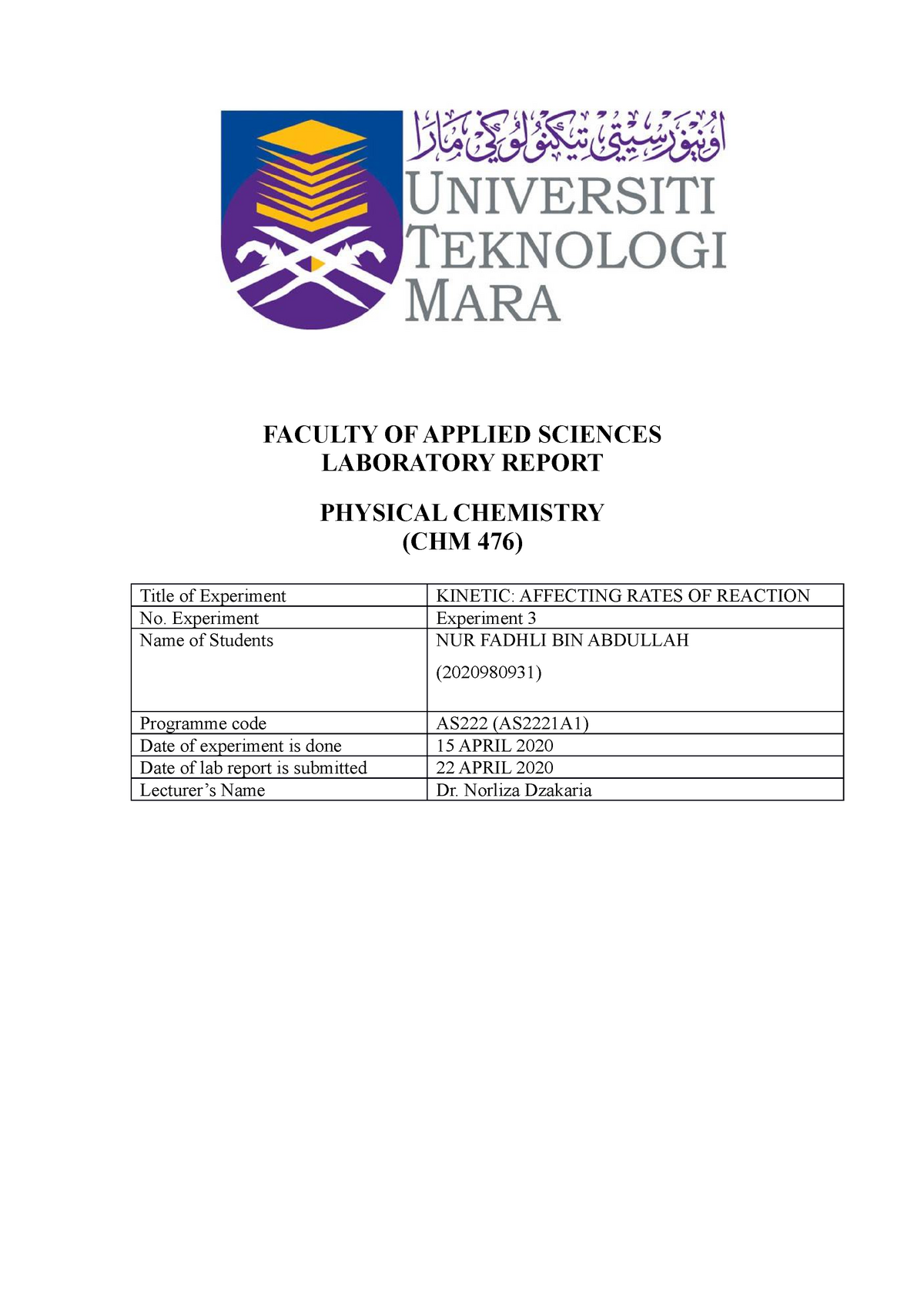 Lab report chemistry matriculation